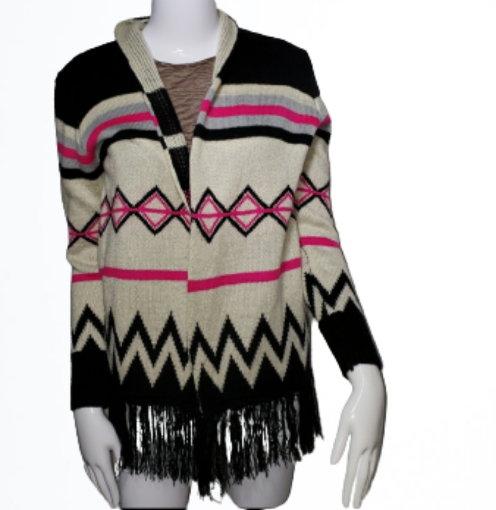 LLove Neon Pink/Black Aztec Print Fringe Sweater